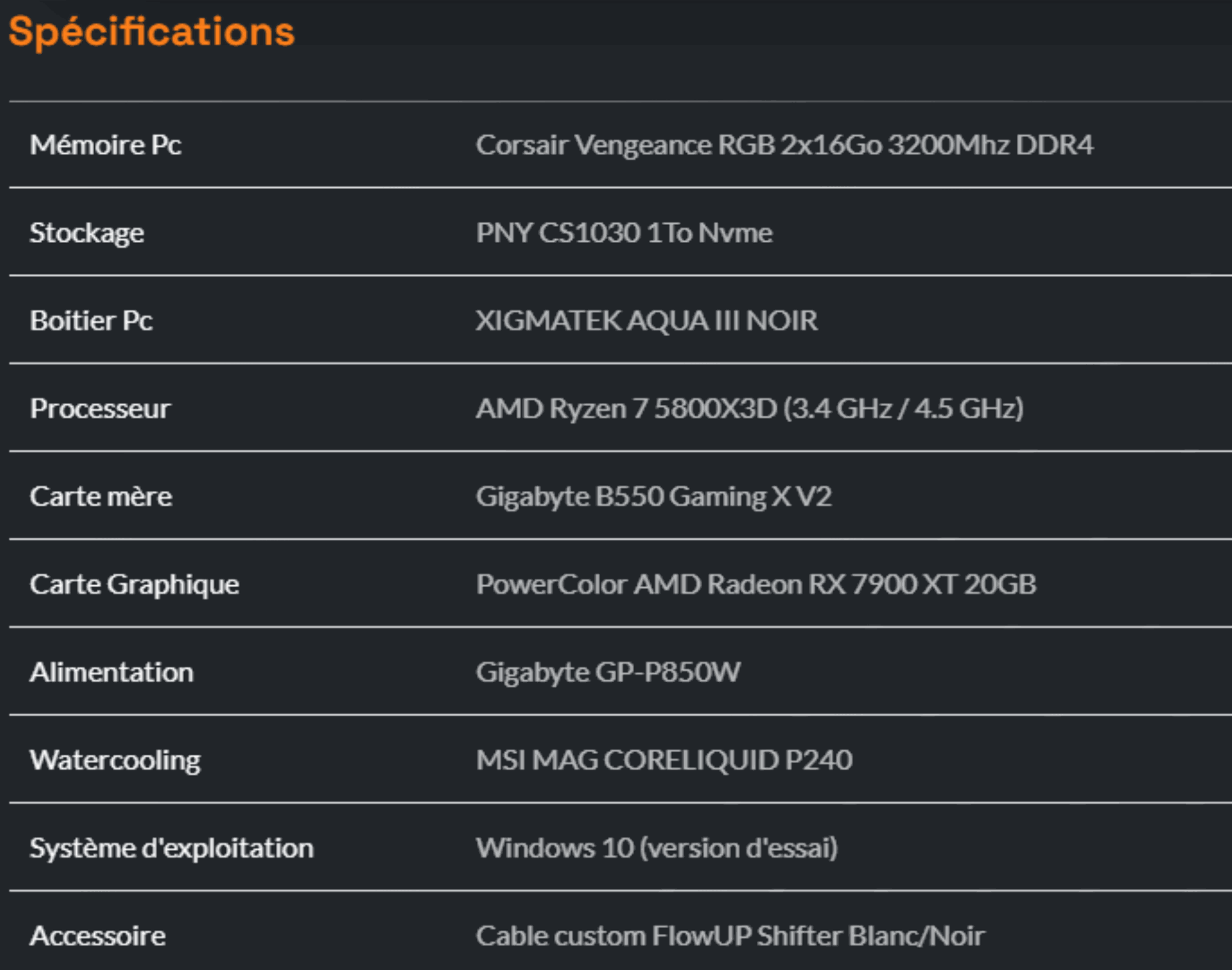 Spécification fiche produit PC FlowUP